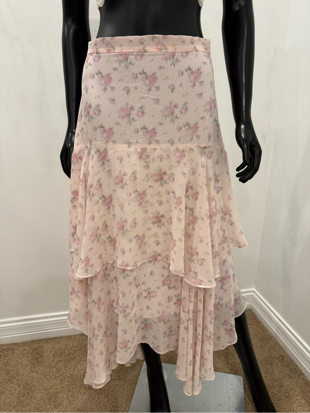 LoveShackFancy 100% Silk Floral Tiered Ruffle Midi Skirt NWT Like New Size 6